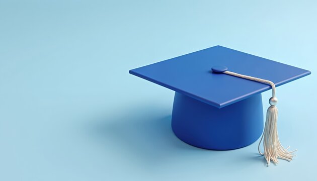 Blue graduation cap with tassel rests on light blue background. Academic symbol represents achievement, success, completion of higher education, ideal for graduation ceremony, diploma, career