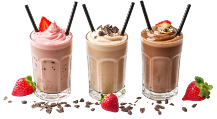 Three different flavored milkshakes with straws in them