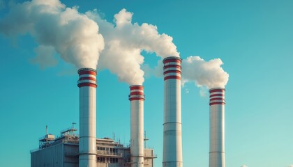 Industrial chimneys emit white smoke against clear blue sky. Facility represents energy production, focusing on atmospheric carbon capture technology, innovative industrial processes for