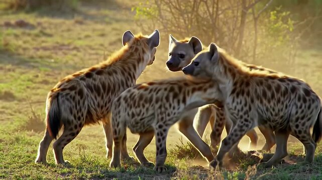 Group of Hyenas Interacting in Savanna