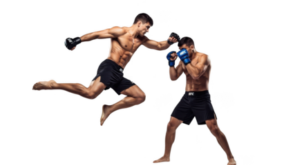 Two male mixed martial arts fighters competing in a dynamic fight scene isolated on transparent background