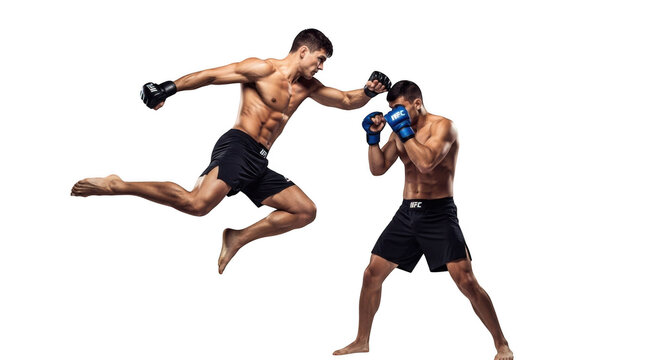 Two male mixed martial arts fighters competing in a dynamic fight scene isolated on transparent background