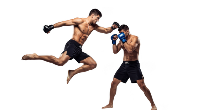 Two male mixed martial arts fighters competing in a dynamic fight scene isolated on transparent background