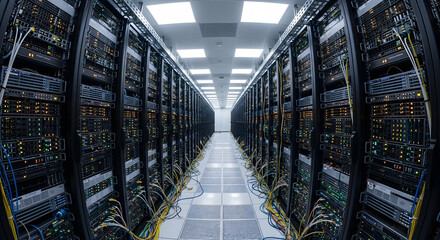  A wide-angle view down a brightly lit aisle in a modern data center  flanked by rows of server racks filled with networking equipment and complex wiring.