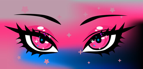 Anime vector illustration features two expressive pink eyes with sparkles on a gradient pastel background. Style is bold, colorful, and modern manga.