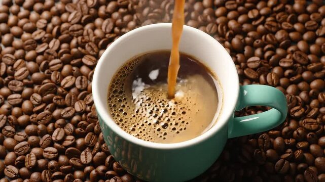 Freshly brewed dark coffee streams into a teal mug surrounded by roasted beans, capturing the morning ritual.