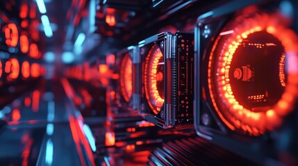 Futuristic server rack tunnel with glowing components