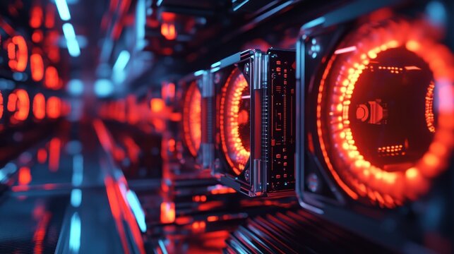 Futuristic server rack tunnel with glowing components