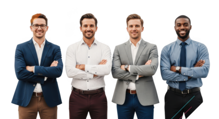 Four diverse business professionals standing confidently arms crossed isolated on transparent background
