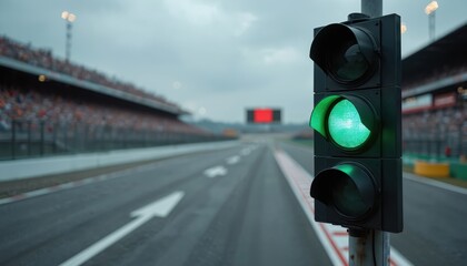 Green traffic light signals start at race track intersection. Vehicles proceed on motor sport event under cloudy sky. Safety governance for race management and competition.