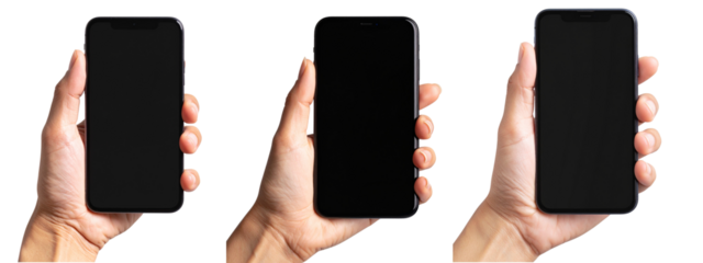 Set of Smartphone in Hand, Tilted Angle Mockup with Black Empty Screen, Transparent png