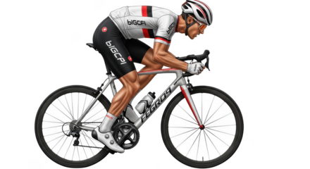 Professional cyclist in aerodynamic pose riding a racing bicycle isolated on transparent background