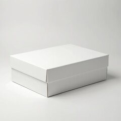 Blank white rectangular cardboard box with lid, isolated on clean white background. Simple plain object, perfect for product presentation, marketing, branding design. Shows subtle grey shade, shadow.