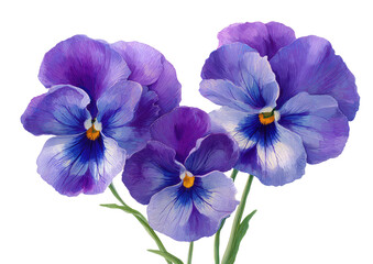 Close-up of three vibrant pansies.  Soft hues of purple and blue, detailed petals,  and a hint of gold in the center.  Stems and leaves are a muted green.  A decorative floral image
