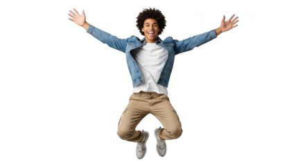 Young man in denim jacket and khakis joyfully jumping with arms extended isolated on transparent background