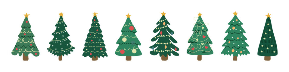 Collection of cartoon Christmas trees with different decorations and ornaments. Festive vector set for holiday cards, posters, and winter designs.	