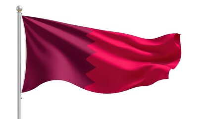 A waving qatar flag on a silver pole against a white background in a studio shot with soft lighting