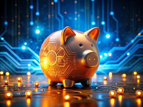 A golden piggy bank with circuit board pattern stands on a reflective surface with digital background