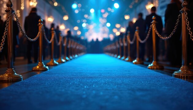 Blue carpet leads to exclusive night event with crowd, spotlights. Golden stanchions guide guests along path under dramatic illumination. Glamour, prestige define star-studded celebration, signifying