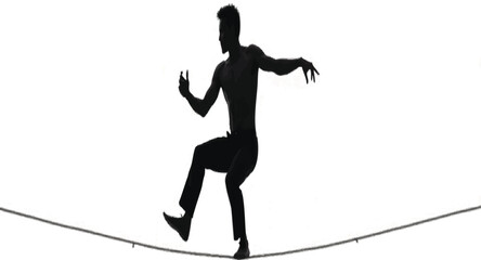 A silhouetted figure balances on a tightrope, performing a martial arts stance with focused energy white background.





