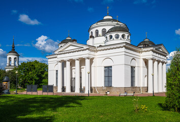 Fototapeta premium St. Sophia (Ascension) Cathedral and bell tower in the city of Pushkin (Tsarskoye Selo), St. Petersburg, Russia. Former temple of the Life Hussar Regiment. Architect Cameron.