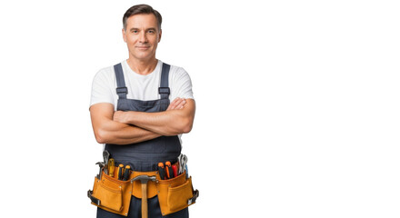 Confident male construction worker wearing blue overalls and tool belt isolated on transparent background