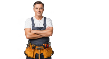 Confident male construction worker wearing blue overalls and tool belt isolated on transparent background