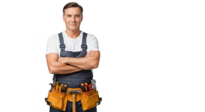 Confident male construction worker wearing blue overalls and tool belt isolated on transparent background