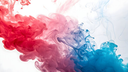 Fototapeta premium Vibrant red and blue ink clouds swirling and blending in water against a white background