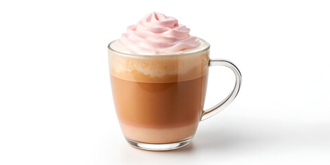 Pink mug with creamy froth isolated on white background