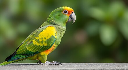 Naklejka premium Vibrant green parrot with orange and yellow markings perched outdoors