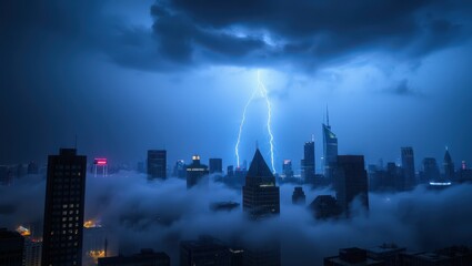 Lightning strikes over a city skyline shrouded in low lying fog at night with dark storm clouds above