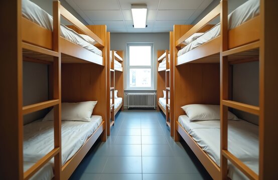 Bunk beds fill dormitory room for multiple occupants. Wooden frames hold neatly made beds with white linens, pillows. Central window, radiator suggest functional, shared accommodation space for group