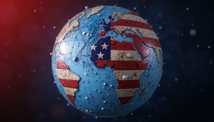A stylized globe with the american flag draped over the continents and a dark background