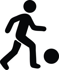 Stickman playing soccer silhouette icon showing a football player kicking ball symbol for sports, games, and athletic activity