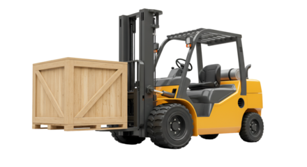 Forklift Truck Carrying Wooden Crate – Industrial Equipment – Transparent PNG