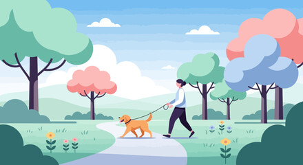 Woman Walks With Dog In Summer Park Vector Illustration