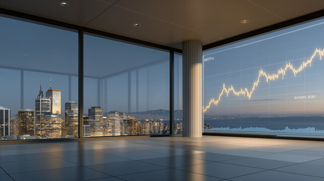 Sustainable ETF Chart in Rooftop Office with Skyline Views