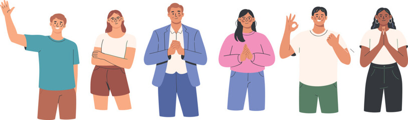 Diverse Group of People in Various Poses, Expressing Positive Gestures, Smiling, and Showing Hand Signs of Greeting, Peace, and Approval