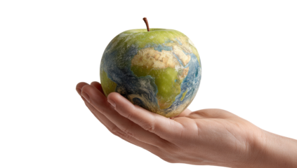 A hand holds a stylized apple, depicting Earth