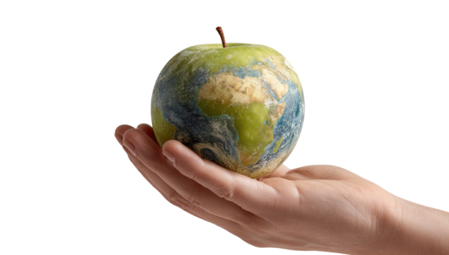 A hand holds a stylized apple, depicting Earth