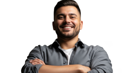 Smiling man with crossed arms looking confident and happy isolated on transparent background