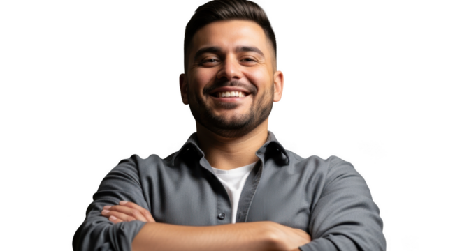 Smiling man with crossed arms looking confident and happy isolated on transparent background