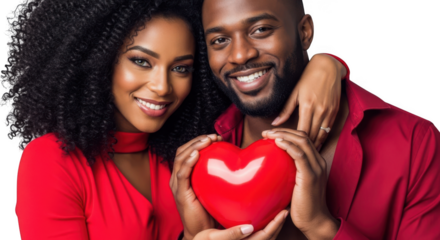 Happy black couple holding a red heart symbol isolated on transparent background