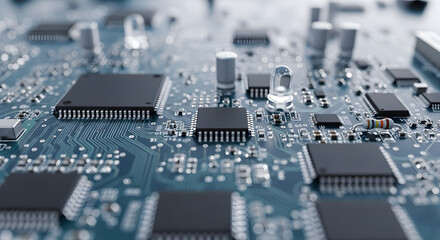  A detailed macro photograph of a blue computer circuit board  showing microchips  an LED  and other electronic components  with a shallow depth of field highlighting technological complexity.