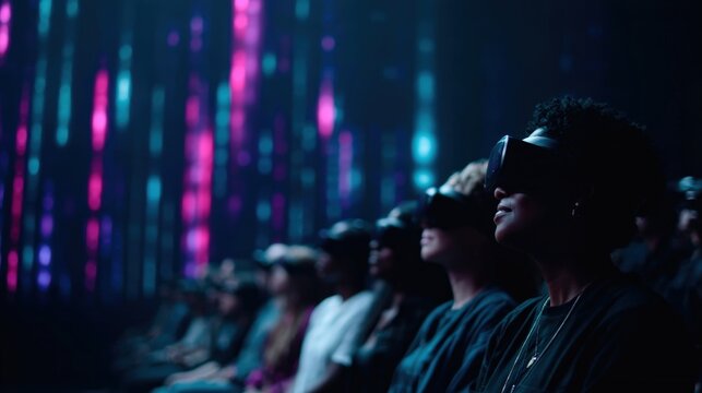 Audience engaged in immersive virtual reality experience, wearing headsets, surrounded by vibrant digital visuals and atmospheric lighting effects