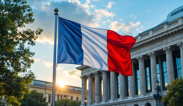 French National Flag Waving Against a Historic Building and Sunset