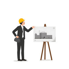 Engineer presenting building blueprint on easel, vector illustration