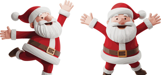 Happy Cartoon Santa Claus Characters Jumping and Celebrating — Fun and Festive Vector Illustration for Christmas, Holiday Greeting Cards, and Winter Themes