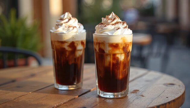 Two iced coffees topped with whipped cream, cocoa powder sit on wooden table outside cafe. Refreshing cold drinks with dark coffee, creamy topping perfect for hot summer day. Enjoy sweet treat on